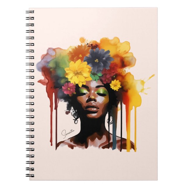 African-American Woman with Floral Afro Hair Notebook (Front)