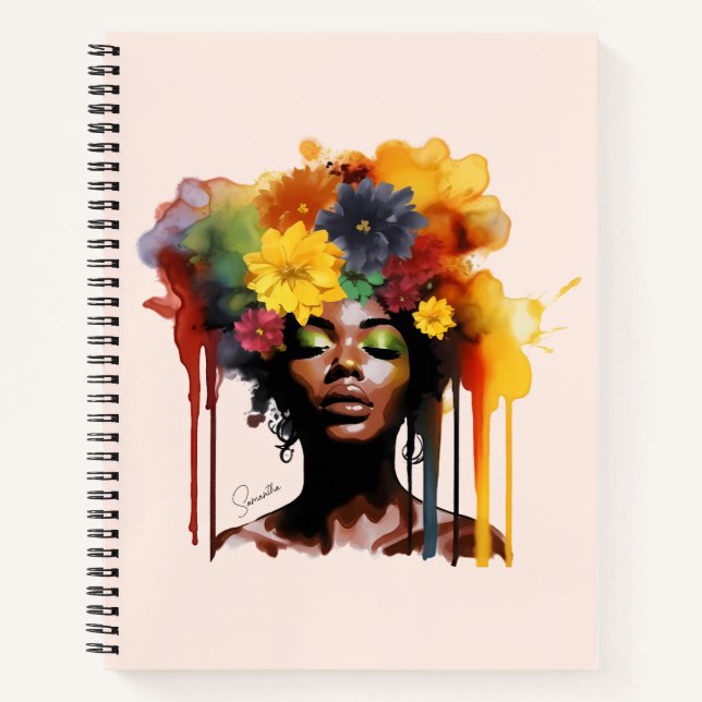 African-American Woman with Floral Afro Hair Notebook (Front)