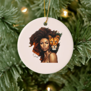 African-American Woman with Majestic Lion Ceramic Ornament