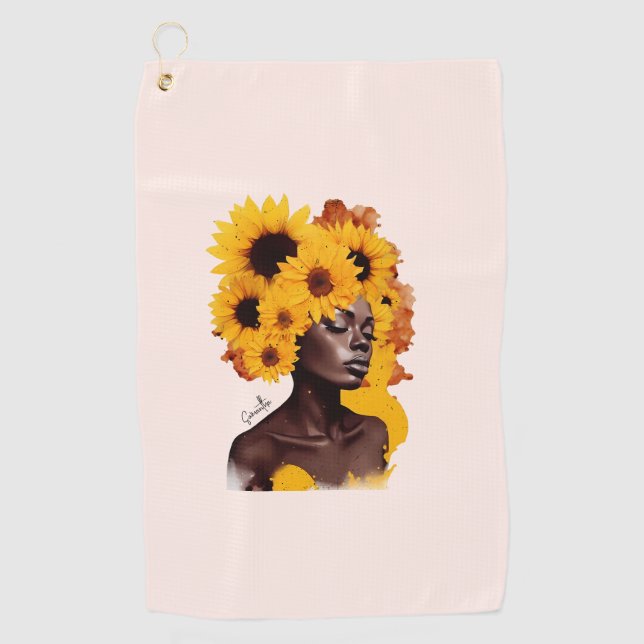 African-American Woman with Sunflower Afro Hair Golf Towel (Front)