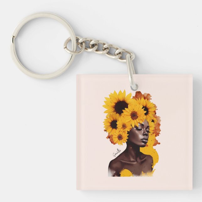 African-American Woman with Sunflower Afro Hair Key Ring (Front)