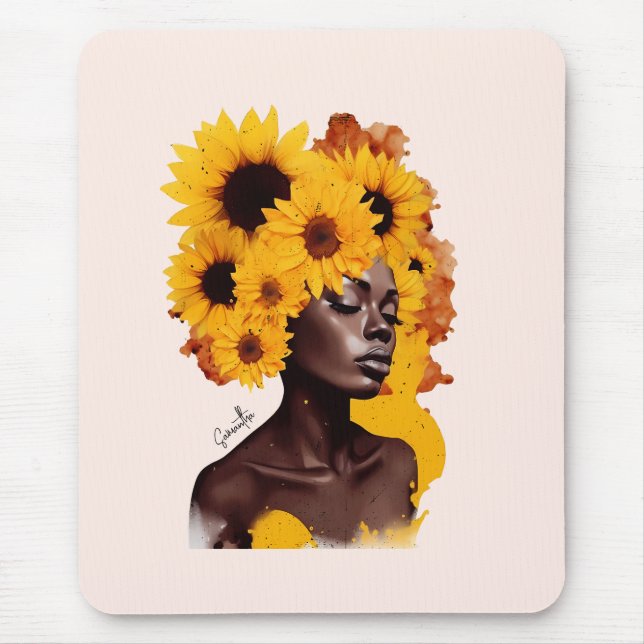African-American Woman with Sunflower Afro Hair Mouse Pad (Front)