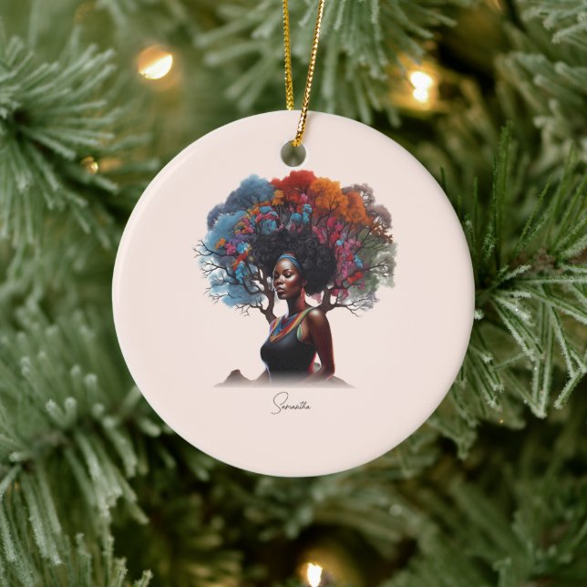 African-American Woman with Tree-Adorned Hair Ceramic Ornament (Tree)