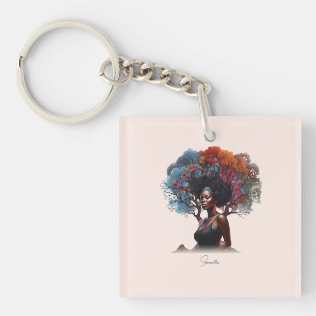 African-American Woman with Tree-Adorned Hair Key Ring (Front)