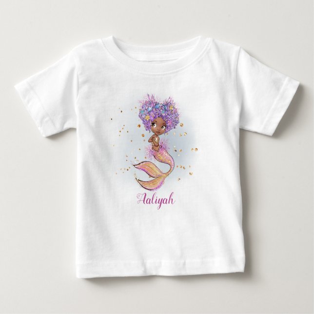African Amerikan Baby Girl Mermaid 1st Birthday Baby T-Shirt (Front)