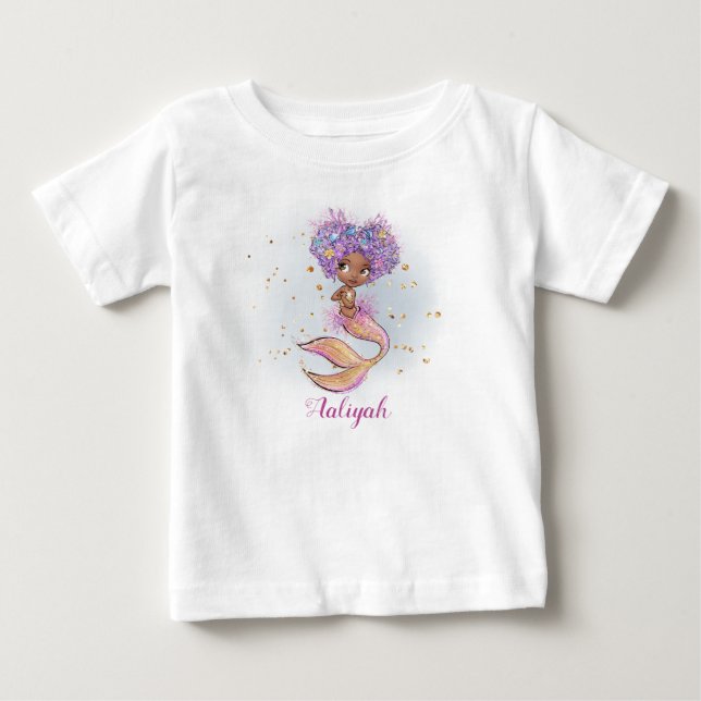 African Amerikan Baby Girl Mermaid 1st Birthday T-Shirt (Front)