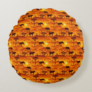 African Animal Silhouette Pattern Sunset Landscape Round Cushion