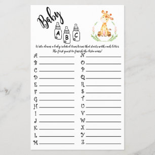 AFRICAN ANIMALS ABC BABY SHOWER GAME CARD