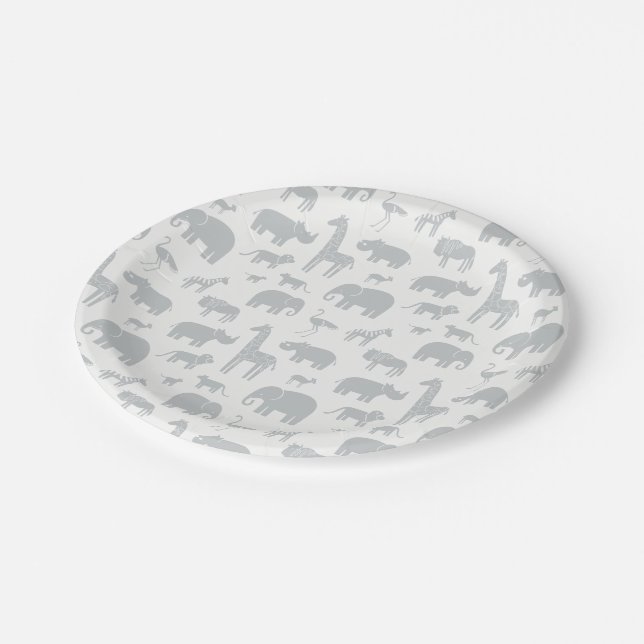African Animals Grey Patterned Baby Shower Plate (Angled)