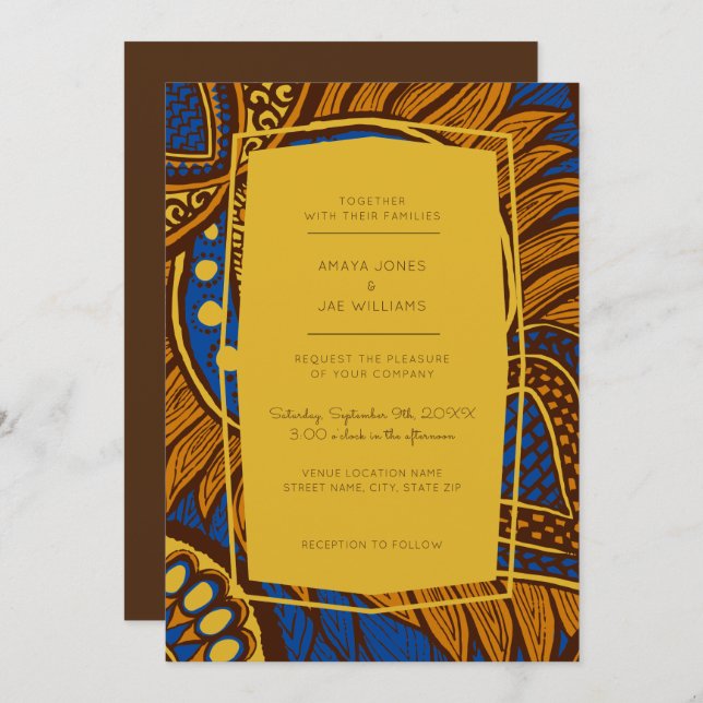 African Ankara Blue Floral Wedding Invitation (Front/Back)