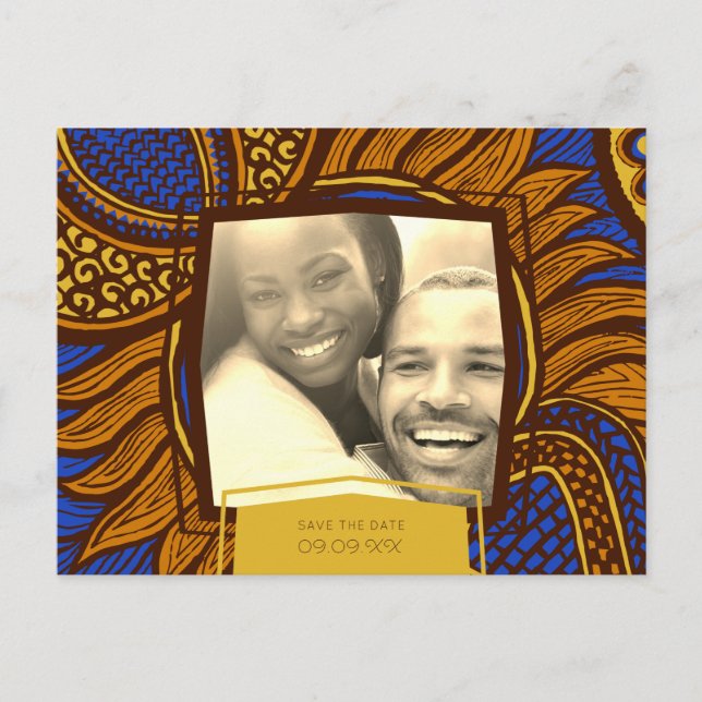 African Ankara Blue Gold Floral Save the Date Announcement Postcard (Front)