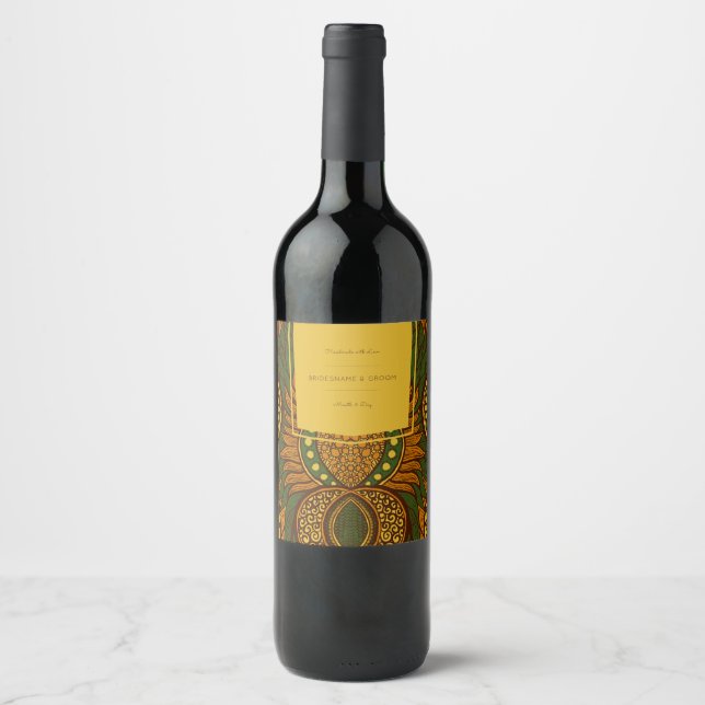African Ankara Green Floral Wine Label (Front)