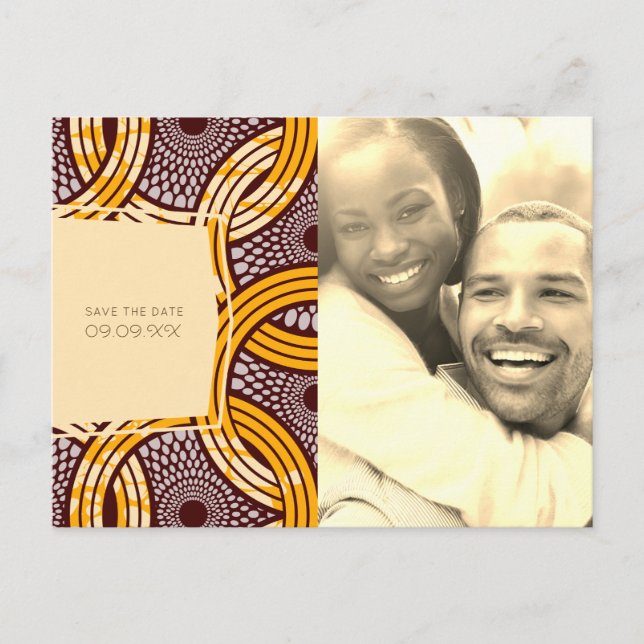 African Ankara Kitenge Gold Floral Save the Date Announcement Postcard (Front)