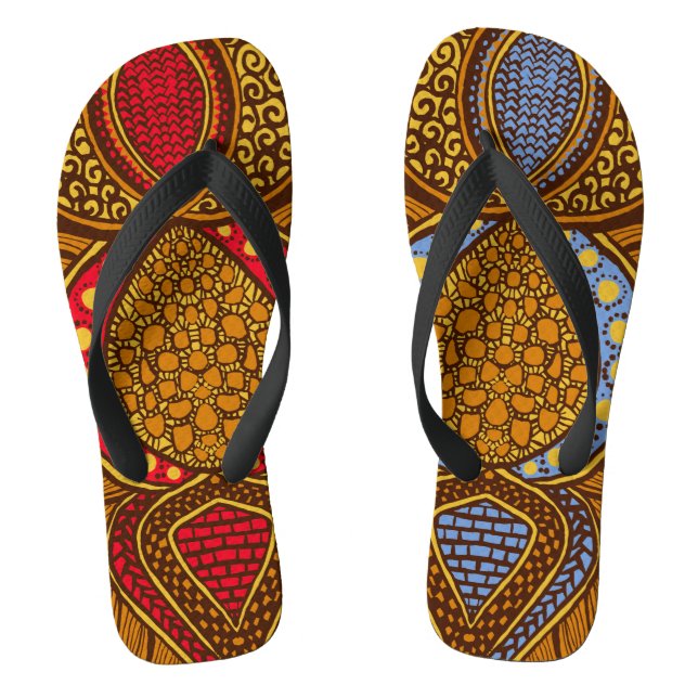 African Ankara Red Blue Floral Global  Flip Flops (Footbed)