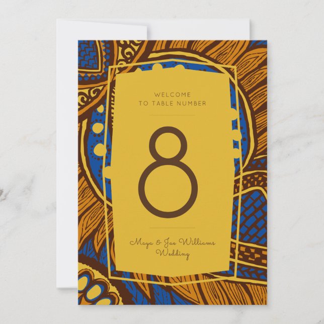 African Ankara Royal Blue Gold Floral Table Number (Front)