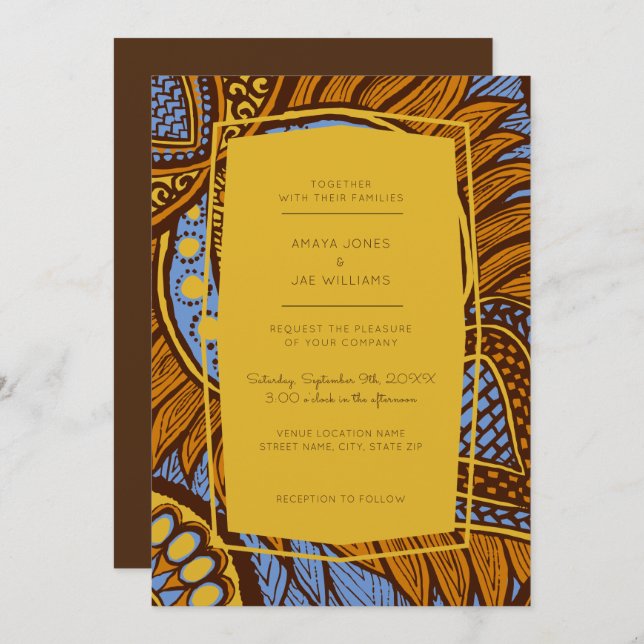 African Ankara Sky Blue Floral Wedding Invitation (Front/Back)