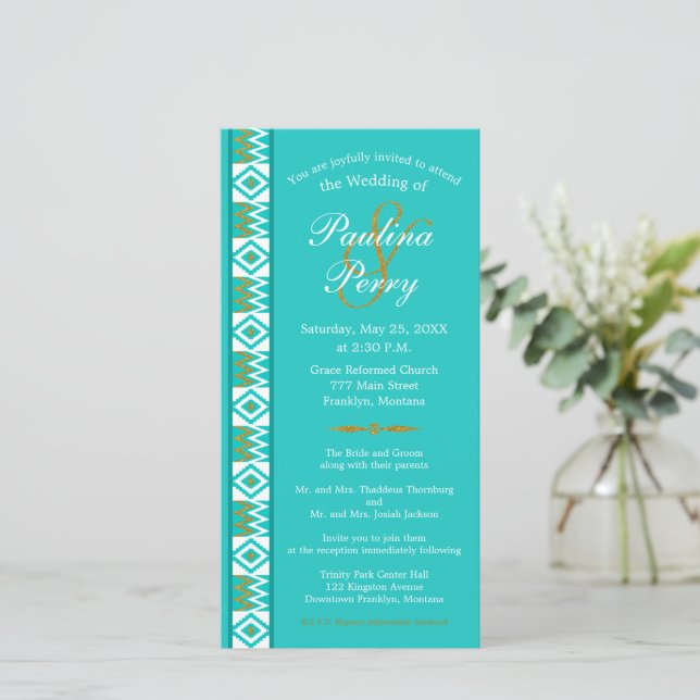 African Aqua Teal Blue Kente Wedding Invitation (Standing Front)