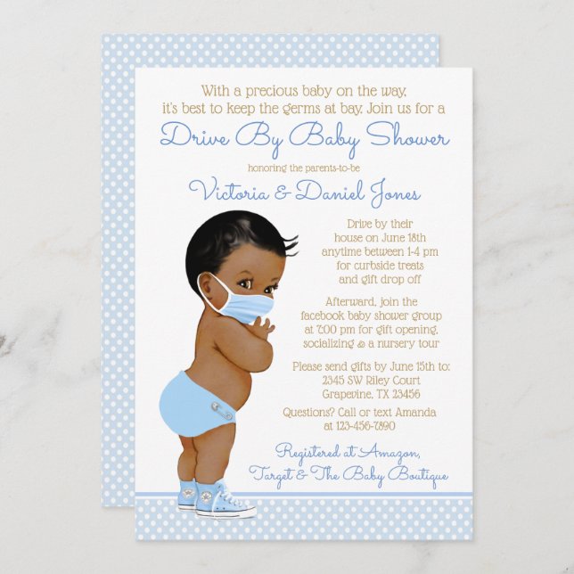 African Baby Boy With Mask Drive By Baby Shower Invitation (Front/Back)