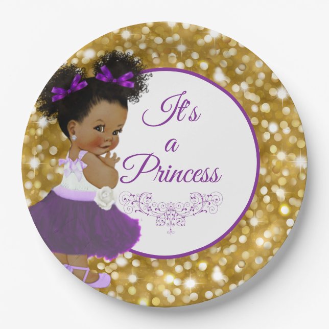 African Baby Girl | Purple and Gold Glitter Paper Plate (Front)
