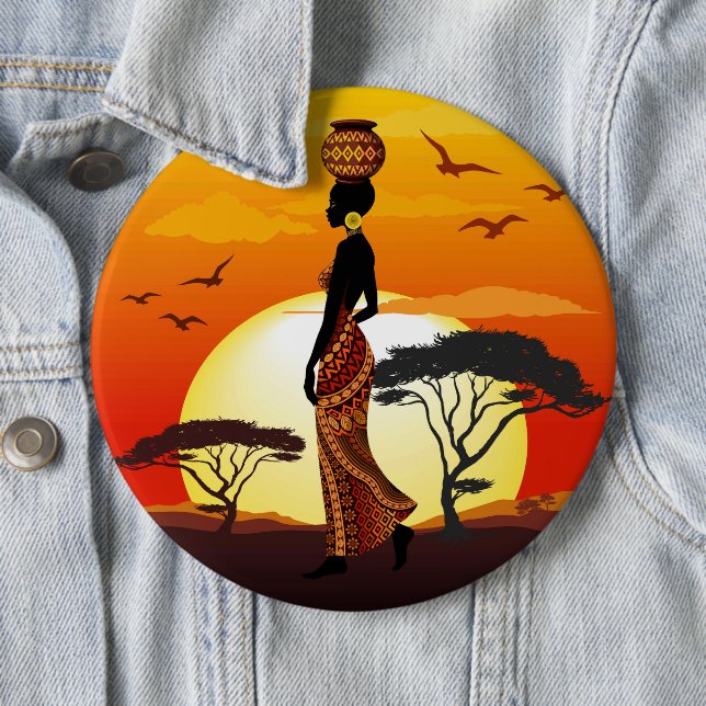 African Beautiful Woman Silhouette on African Suns 6 Cm Round Badge (In Situ)
