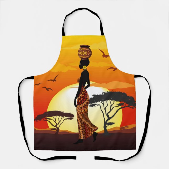 African Beautiful Woman Silhouette on African Suns Apron (Front)