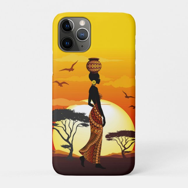 African Beautiful Woman Silhouette on African Suns Case-Mate iPhone Case (Back)
