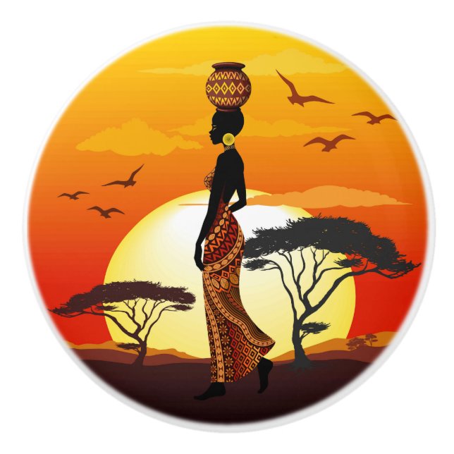 African Beautiful Woman Silhouette on African Suns Ceramic Knob (Front)