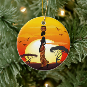 African Beautiful Woman Silhouette on African Suns Ceramic Ornament