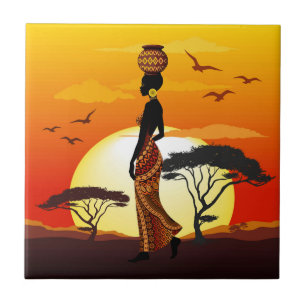 African Beautiful Woman Silhouette on African Suns Ceramic Tile