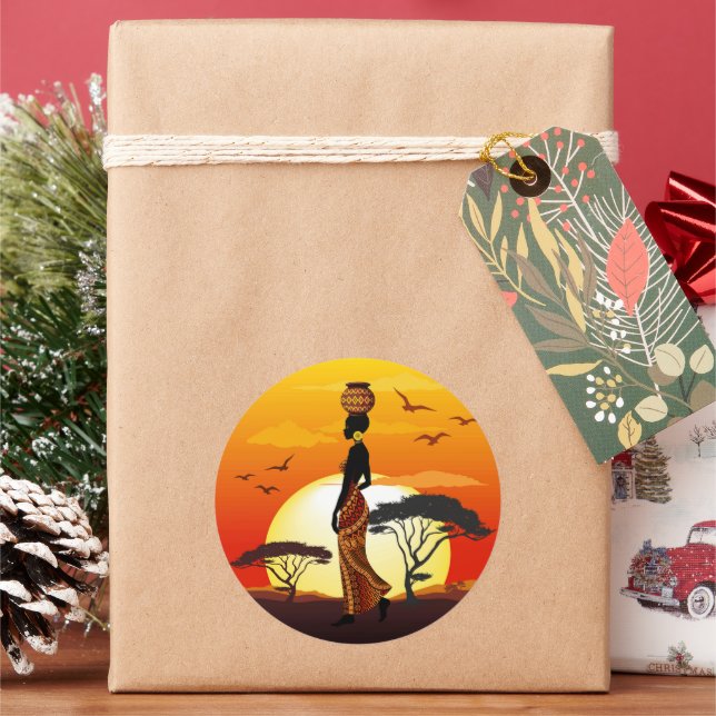African Beautiful Woman Silhouette on African Suns Classic Round Sticker (Holiday)