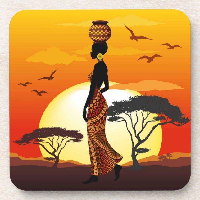 African Beautiful Woman Silhouette on African Suns Coaster (Front)