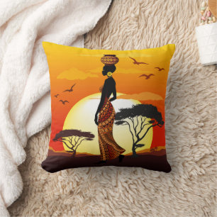 African Beautiful Woman Silhouette on African Suns Cushion