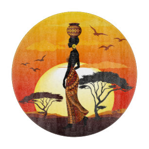 African Beautiful Woman Silhouette on African Suns Cutting Board