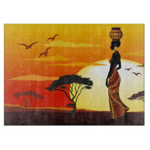African Beautiful Woman Silhouette on African Suns Cutting Board