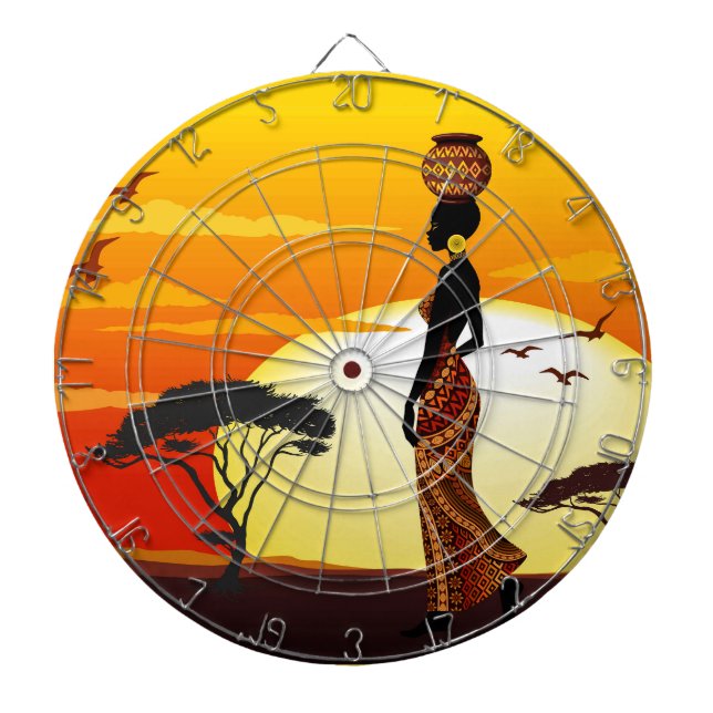 African Beautiful Woman Silhouette on African Suns Dartboard (Front)