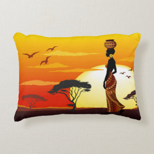 African Beautiful Woman Silhouette on African Suns Decorative Cushion