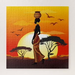 African Beautiful Woman Silhouette on African Suns Jigsaw Puzzle