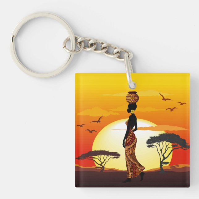 African Beautiful Woman Silhouette on African Suns Key Ring (Front)