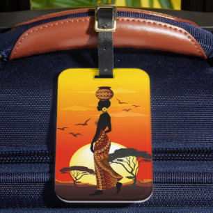 African Beautiful Woman Silhouette on African Suns Luggage Tag