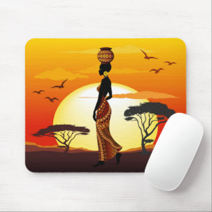 African Beautiful Woman Silhouette on African Suns Mouse Pad