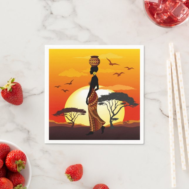 African Beautiful Woman Silhouette on African Suns Napkin (Insitu)