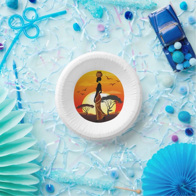 African Beautiful Woman Silhouette on African Suns Paper Plate (Party)