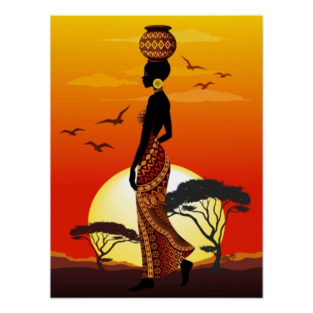 African Beautiful Woman Silhouette on African Suns Poster (Front)