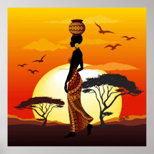 African Beautiful Woman Silhouette on African Suns Poster