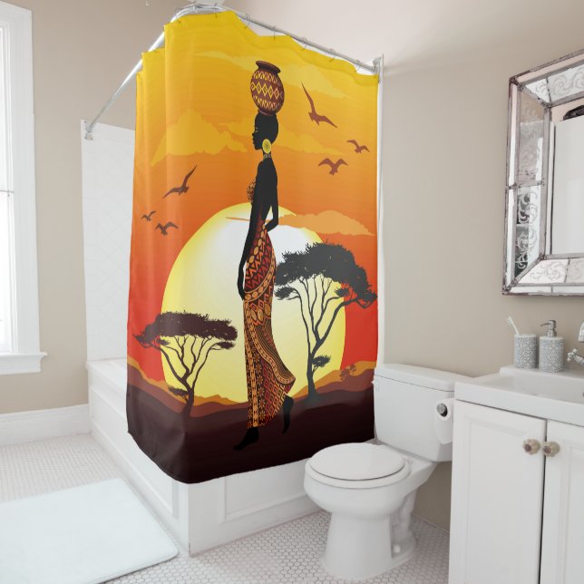 African Beautiful Woman Silhouette on African Suns Shower Curtain (In Situ)