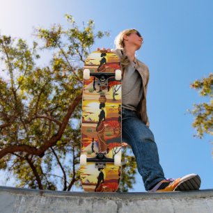 African Beautiful Woman Silhouette on African Suns Skateboard