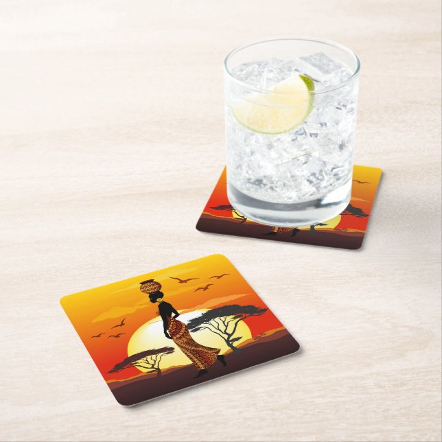African Beautiful Woman Silhouette on African Suns Square Paper Coaster (Insitu)