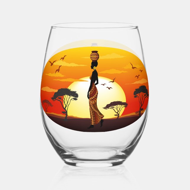 African Beautiful Woman Silhouette on African Suns Stemless Wine Glass (Front)