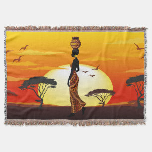 African Beautiful Woman Silhouette on African Suns Throw Blanket