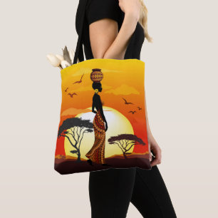 African Beautiful Woman Silhouette on African Suns Tote Bag
